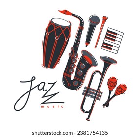 Jazz music band poster vector flat illustration, live sound festival or concert advertising flyer or banner, play different instruments orchestra.