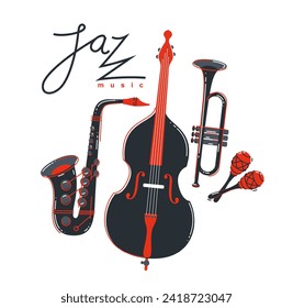 Jazz music band poster vector flat illustration, live sound festival or concert advertising flyer or banner, play different instruments orchestra.