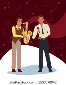 jazz music band with saxophonist and musician with maracas, colorful design. vector illustration