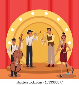 Jazz music band in stage with instruments and woman singer, colorful design. vector illustration
