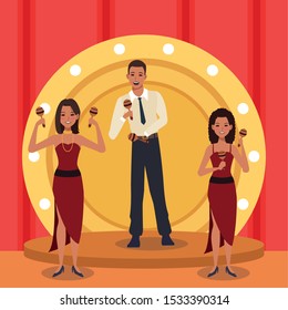 Jazz music band with women and man with maracas in stage, colorful design. vector illustration