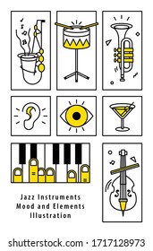 Jazz music banner poster mood and elements with instrument saxophone, drum, piano, trumpet, double bass and  ear, eye, cocktail illustration vector. Jazz music concept.