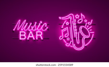 Jazz music bar, neon label, event musical, sound show. Vector illustration