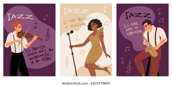 Jazz music cards. Musicians perform songs and melodies. Violinist playing. Blues singer. Vocalist and saxophonist performance. Musical festival show. Concert posters