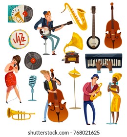 Jazz Music Cartoon Set With Singers In Bright Dresses, Performers On Sax, Cello, Banjo Isolated Vector Illustration