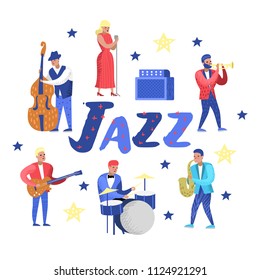 Jazz Music Characters Set. Musical Instruments, Musicians and Singer Artists. Contrabassist, drummer, saxophonist, guitarist. Vector illustration