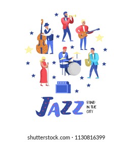 Jazz Music Characters Set. Musical Instruments, Musicians and Singer Artists. Contrabassist, drummer, saxophonist, guitarist. Vector illustration
