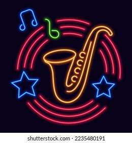 Jazz music club isolated neon glowing logo. Entertainment and fun at night, life in city. Saxophone with stars and melody tunes notes. Label or sticker, logotype or sign. Vector in flat style