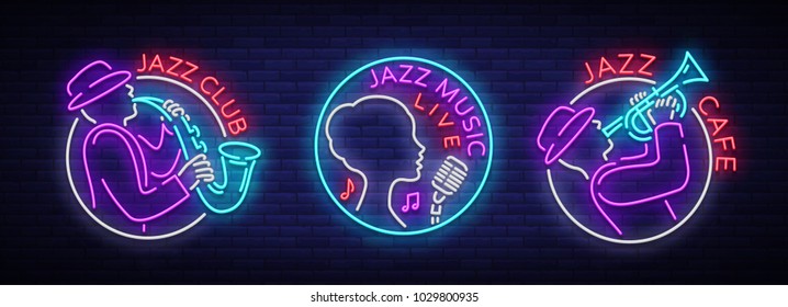 Jazz music collection of logos in neon style. Set of neon sign symbols, emblem, light banner, luminous sign. Bright Neon Advertising for Jazz Club, Cafe, Restaurant, Bar, Party. Vector illustration