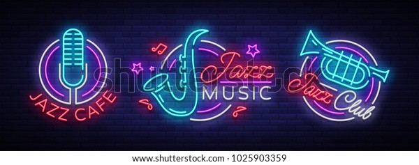 Jazz music collection neon signs. Symbols, collection of logos in neon style, bright night banner, luminous advertising on Jazz music for Jazz café, restaurant, party, concert. Wall mural wallpaper. Vector illustration
