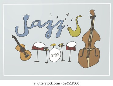 Jazz music, colored vector illustration, quartet, musical instruments: tenor saxophone, gypsy jazz guitar, double-bass, drums. Doodle style. Polygraphic or web. Poster or advertising.