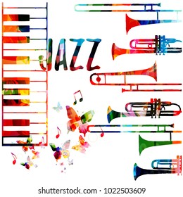 Jazz music colorful background. Jazz music festival poster. Word jazz with saxophone and piano keyboard isolated vector illustration. Music instruments vector