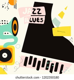 Jazz music colorful background flat vector illustration. Artistic music festival poster, live concert, listening to music, creative design with gramophone and piano