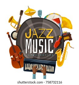 Jazz music composition from musical instruments including phonograph, saxophone, cello, piano, banjo, trumpet and tambourine vector illustration