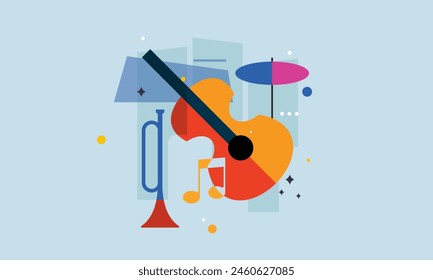 Jazz Music Concept. Concert Instruments Posters with Abstract Geometric Background and Musical Instruments.