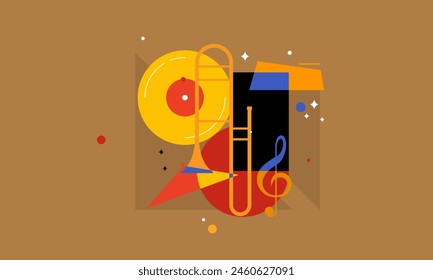 Jazz Music Concept. Concert Instruments Posters with Abstract Geometric Background and Musical Instruments.