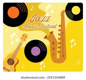 Jazz music concept. Saxophone and golden flute over vinyl record. Beautiful music and songs. Poster or banner for music festival. Flat vector modern illustration 