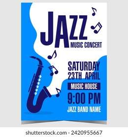 Jazz music concert banner or poster with saxophone and musical notes. Vector design of leaflet, flyer or booklet suitable for a cultural festival, entertainment show or community event invitation.