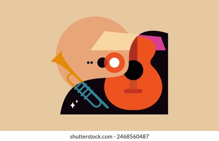 Jazz music. Concert instruments, posters with piano, saxophone