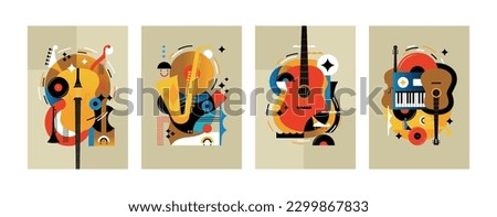 Jazz music. Concert instruments, posters with piano, saxophone and guitar, abstract orchestra graphic covers. Geometric background, prints and invitation. Vector cartoon flat illustration