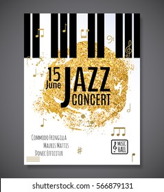 Concierto musical de jazz, plantilla de fondo de afiches. Teclado con notas musicales. Diseño de vectores de volante