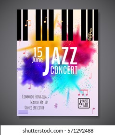 Concierto musical de jazz, plantilla de fondo de afiches. Teclado con notas musicales. Diseño de vectores de volante. 