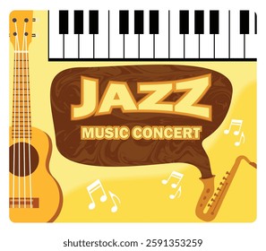 Jazz Music Concert Poster Featuring Musical Instruments and Notes. invitation leaflet for Jazz Festival. live music show or instrumental performance. Flat vector modern illustration 