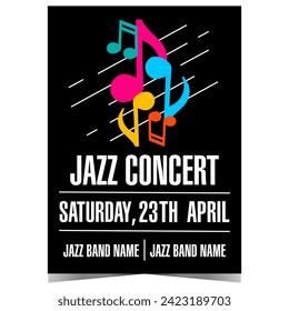 Jazz music concert poster template with colourful musical notes on black background. Vector design of banner, leaflet or flyer suitable for Jazz Festival, live entertainment event or cultural show.