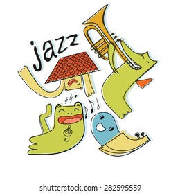 jazz music, cute monsters with trumpet play and sing jazz, vector illustration, character design, isolated