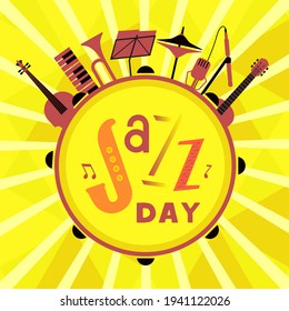 Jazz Music Day hand drawn flat colorful vector icon. Fancy lettering Jazz. Vintage musical instruments cartoon retro color design element. Music Festival event advertisement background illustration