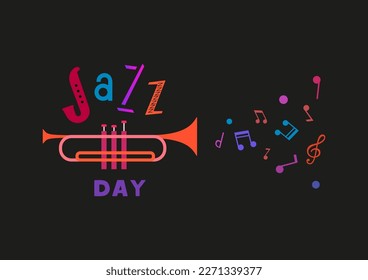 Jazz Music Day hand drawn flat colorful vector. Fancy lettering Jazz. Vintage musical instrument cartoon minimal design element. Music Fest event advertisement flyer, banner background illustration
