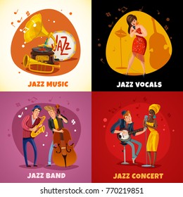 Jazz music design concept with performance in band, concert, women singers, musical instruments isolated vector illustration