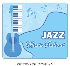 Jazz music elements with a guitar and piano theme, evoking rhythm and melody. Flat vector modern illustration 