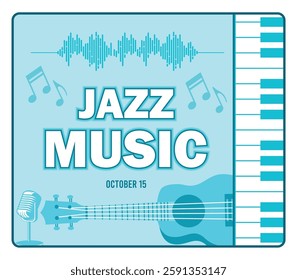 Jazz music elements, including a guitar, keyboard, microphone, and musical notes. Vibrant tones a captivating mood celebrating jazz and music. Flat vector modern illustration 