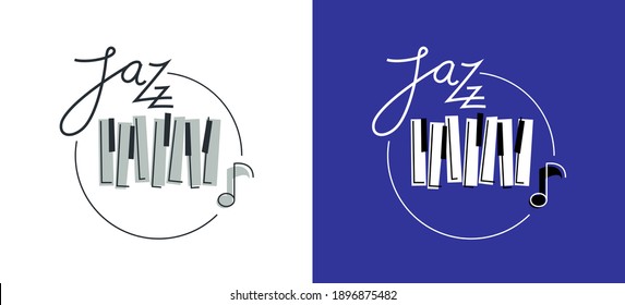 Jazz music emblem or logo vector flat style illustration isolated, grand piano logotype for recording label or studio or musical band.