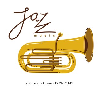 Jazz music emblem or logo vector flat style illustration isolated, tuba logotype for recording label or studio or musical band.