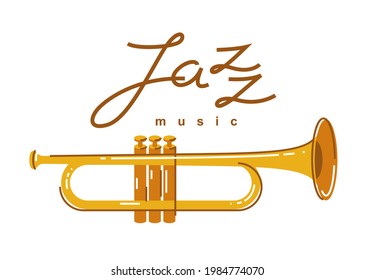 Jazz music emblem or logo vector flat style illustration isolated, trumpet logotype for recording label or studio or musical band.