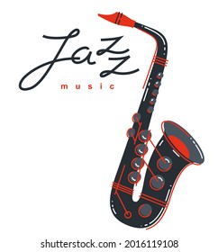 Jazz music emblem or logo vector flat style illustration isolated, saxophone logotype for recording label or studio or musical band.