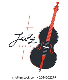 Jazz music emblem or logo vector flat style illustration isolated, contrabass logotype for recording label or studio or musical band.