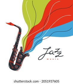 Emblema musical de jazz o logotipo vectorial ilustración de estilo plano aislado, logotipo saxofónico para etiqueta de grabación o estudio o banda musical.