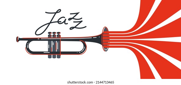 Jazz music emblem or logo vector flat style illustration isolated, trumpet logotype for recording label or studio or musical band.