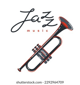 Jazz music emblem or logo vector flat style illustration isolated, trumpet logotype for recording label or studio or musical band.