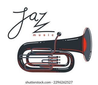 Jazz music emblem or logo vector flat style illustration isolated, tuba logotype for recording label or studio or musical band.