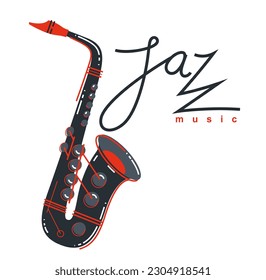 Jazz music emblem or logo vector flat style illustration isolated, saxophone logotype for recording label or studio or musical band.