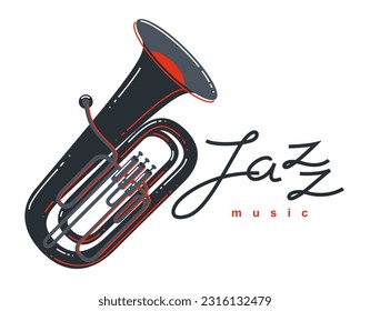 Jazz music emblem or logo vector flat style illustration isolated, tuba logotype for recording label or studio or musical band.