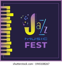 Jazz Music Fest colorful vector poster template. Live music jazz festival cartoon design element. Vintage piano keyboard musical instrument, notes background. Concert event advertisement illustration