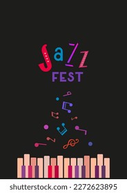 Jazz Music Fest colorful vector banner background illustration. Fancy lettering Jazz. Vintage piano keyboard , musical notes cartoon design element. Music Festival event advertisement flyer template