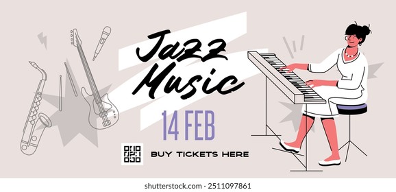 jazz music fest poster design template. female keyboardist plays electric piano. modern flat vector illustration. horizontal format. 
