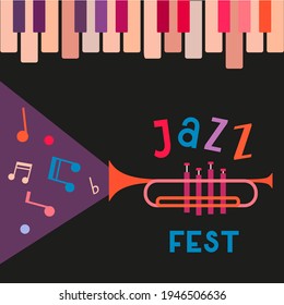 Jazz Music Fest Vintage Vektor Plakatvorlage. Livemusik Jazz Festival Cartoon Design Element. Vintage-Klavier, Trompete-Musikinstrument, Noten Hintergrund. Werbung für Konzerte