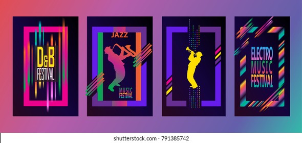 Jazz music festival abstract pop art dynamic shapes composition posters set. Musicians, saxophone player, silhouette, geometric colorful frame modern minimalist design for Attraction Event Exhibition